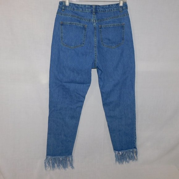 MISGUIDED RIOT Rigid High Rise Womens 8 Mom Blue Jeans Raw Frayed Fringe Hem - Picture 9 of 11